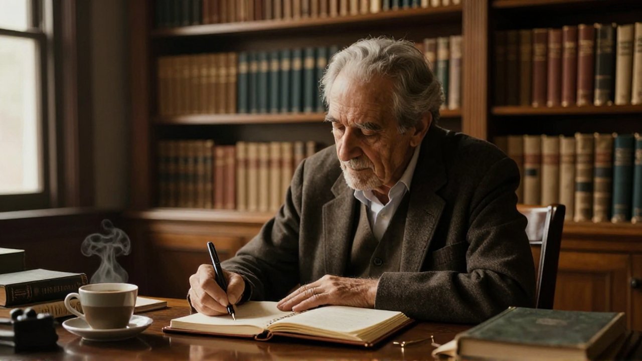 An elderly scholar writes in a notebook at a mahogany desk in a sunlit library.