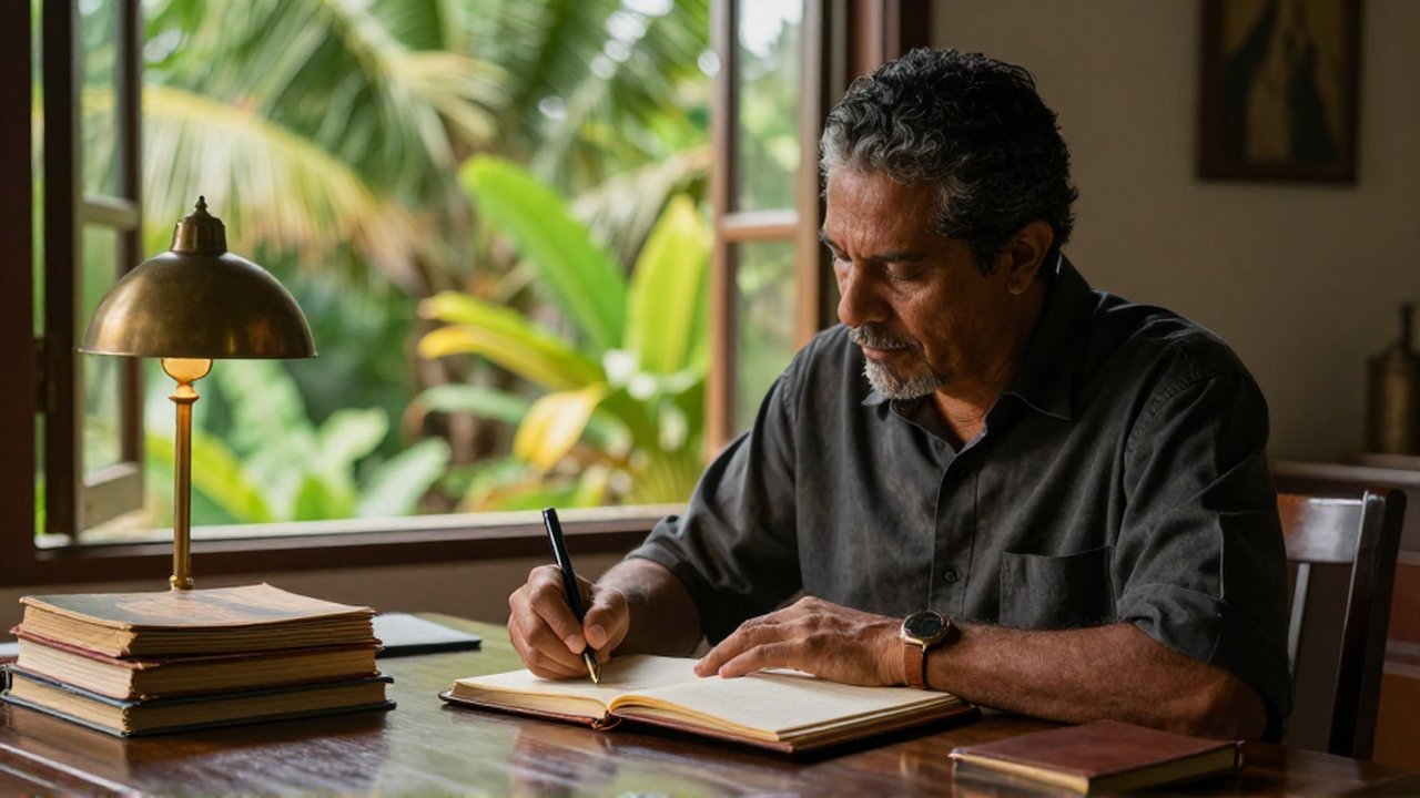 A scholar writes in a notebook at a wooden desk in a sunlit tropical study.