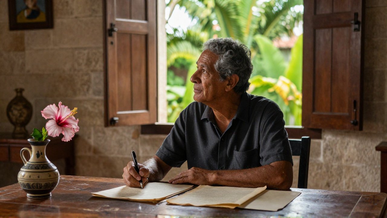 A salt-and-pepper haired man sits thoughtfully at a mahogany desk in a sunlit