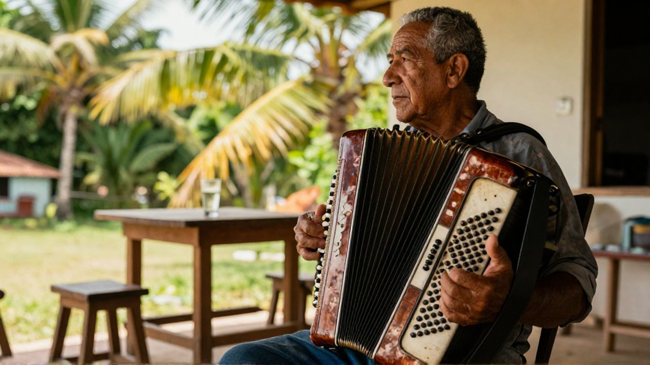 An elderly musician plays a vintage button accordion on a sun-drenched rural porch.