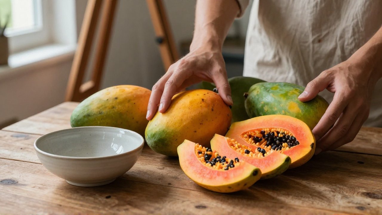 An artist's hands arrange mango and papaya slices on a wooden table for a still life.