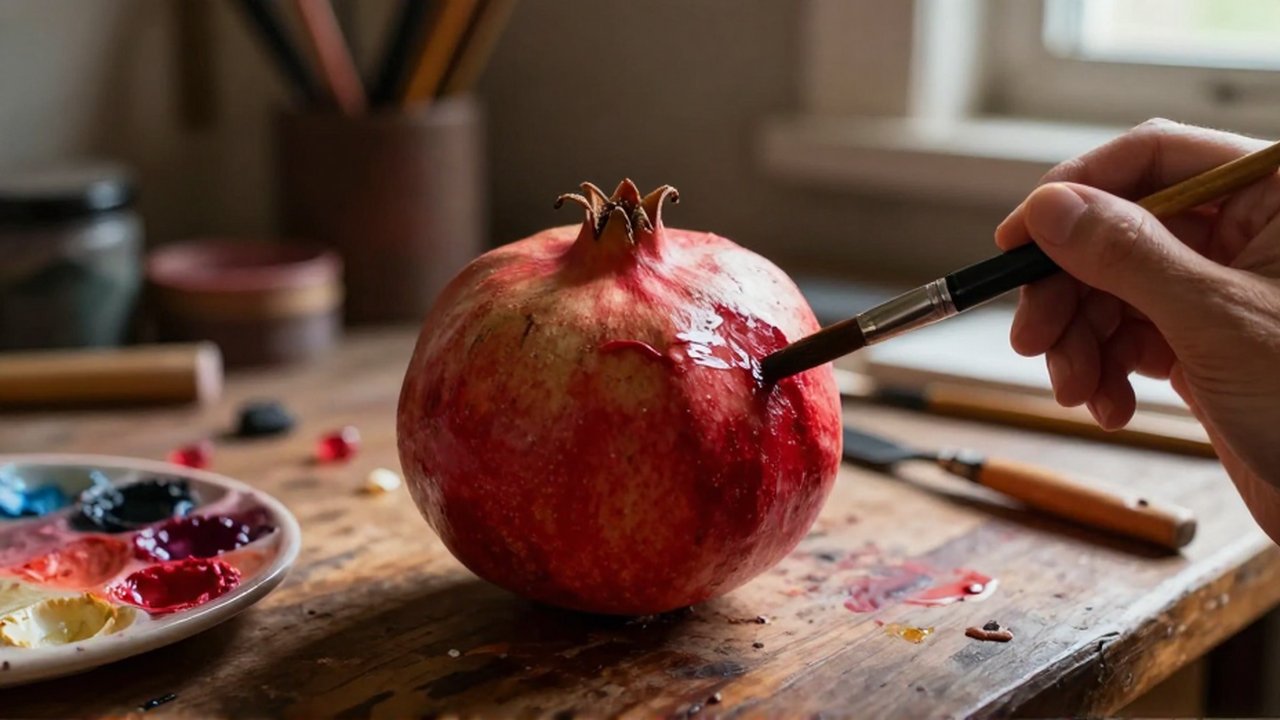 An artist uses a fine brush to apply white paint highlights to a ripe pomegranate.