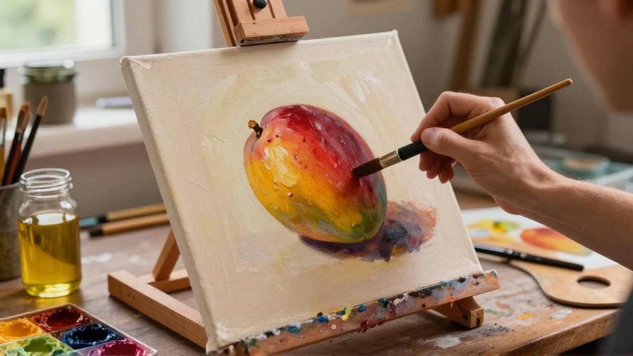 An artist applies a single stroke of oil paint to a mango in a still life painting.