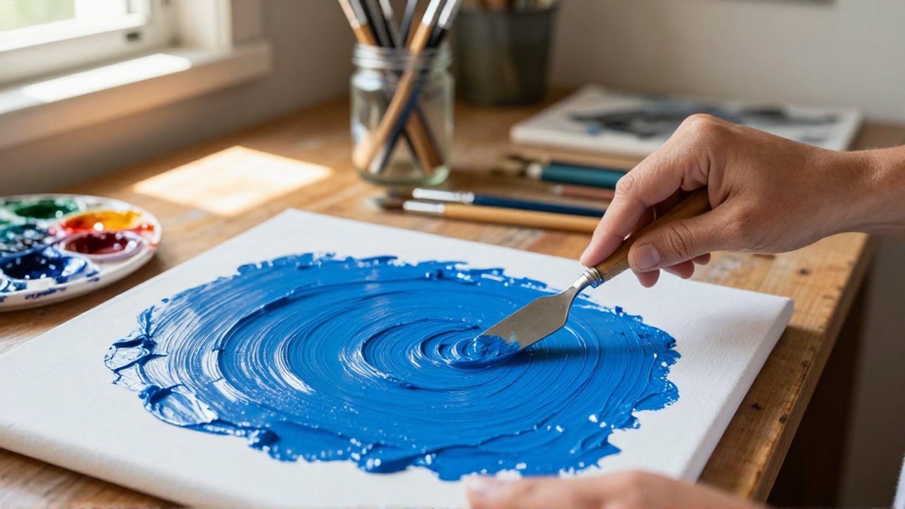 Hands use a metal palette knife to spread thick cerulean blue paint onto a textured canvas.