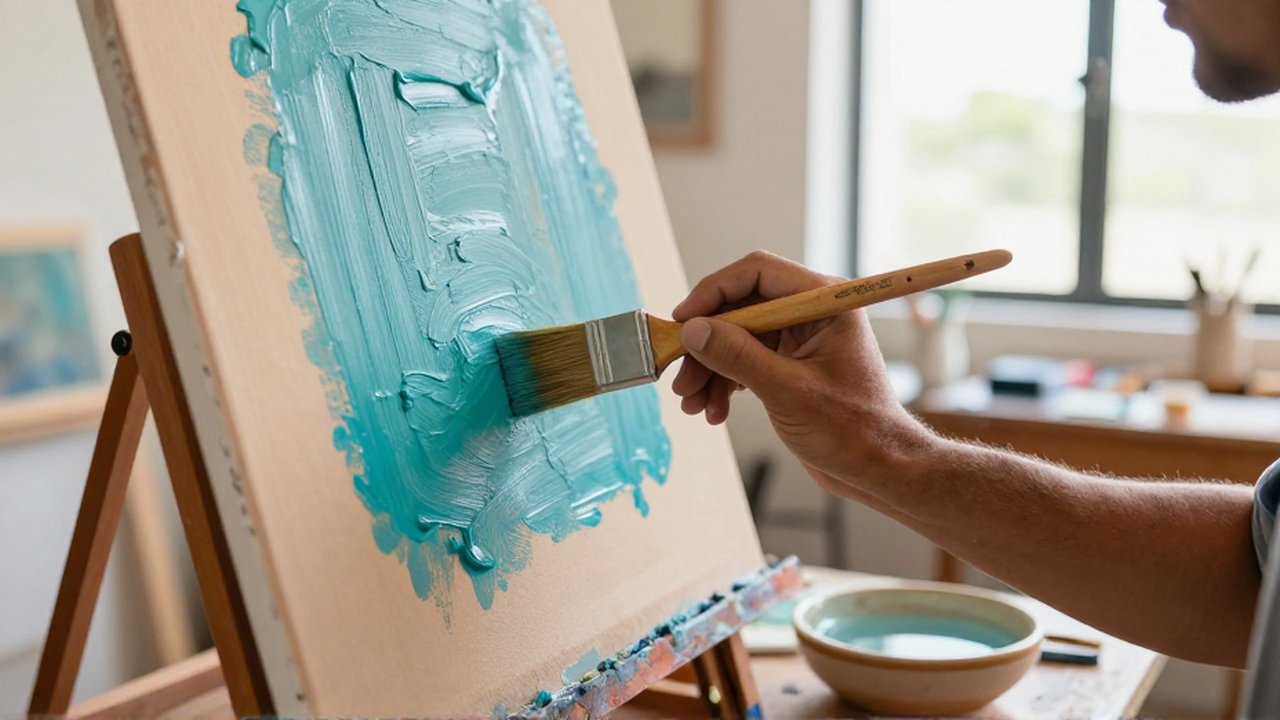 A close-up of an artist's hands applying thick turquoise oil paint to a textured canvas.