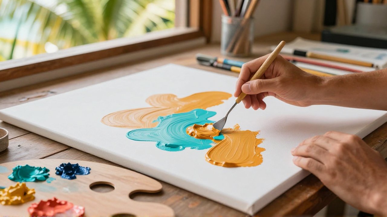 An artist uses a palette knife to spread thick