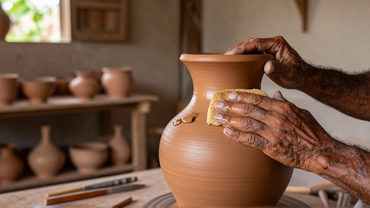 An artisan's weathered hands use a sponge and stone to smooth a damp terracotta vessel in a sunlit workshop.