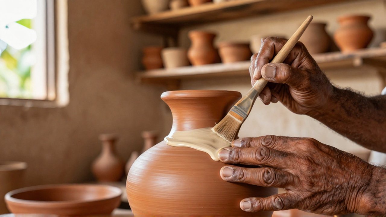 A close-up of an artisan's hands using a fine brush to apply cream glaze to a terracotta vessel.