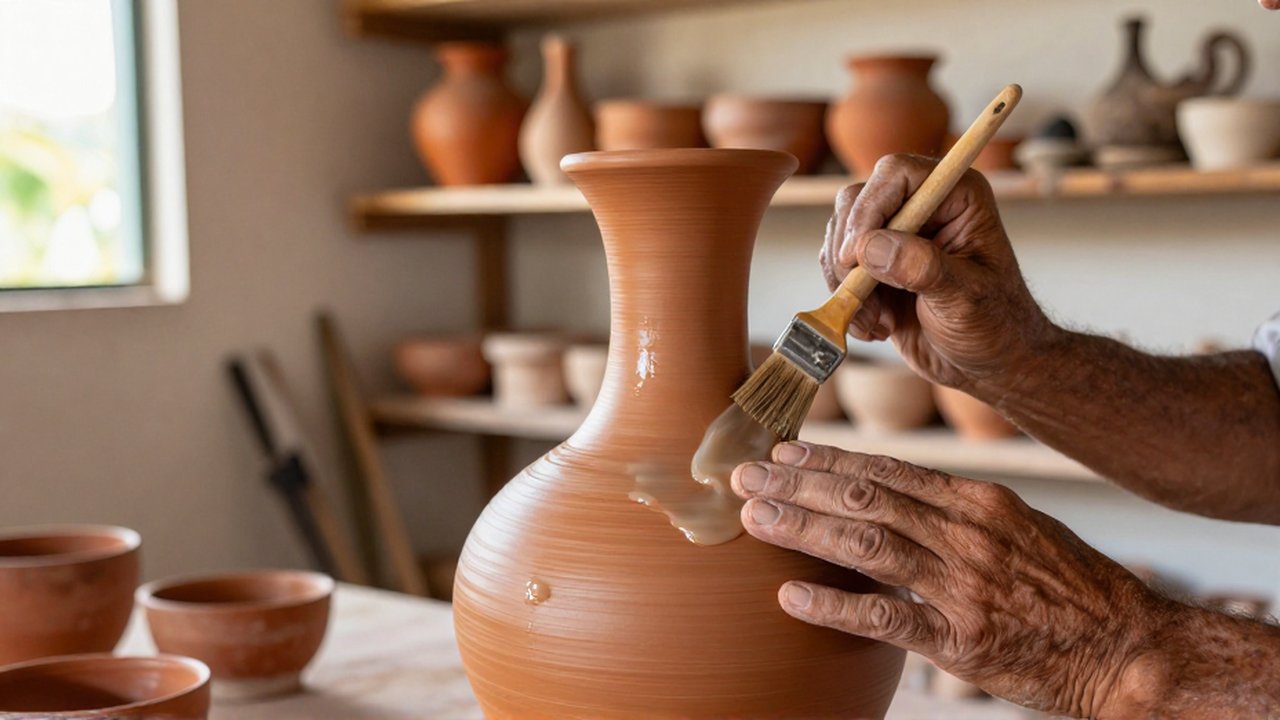 A skilled artisan uses a soft brush to apply glaze to a terracotta vessel in a sun-drenched workshop.