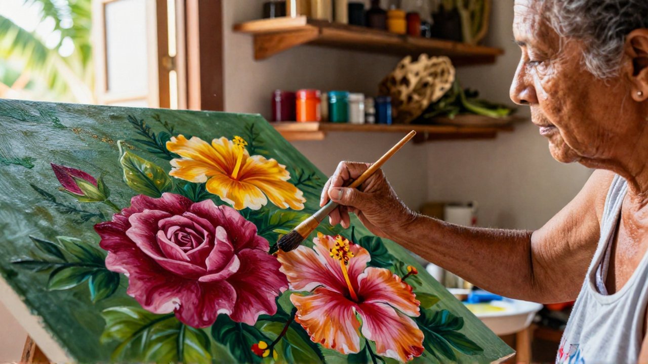 An elderly female artist meticulously paints vibrant tropical flowers on a large canvas in her sunlit studio.