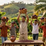 Dominican agricultural workers in linen attire joyfully raise baskets of cocoa and coffee in a sun-drenched plantation.