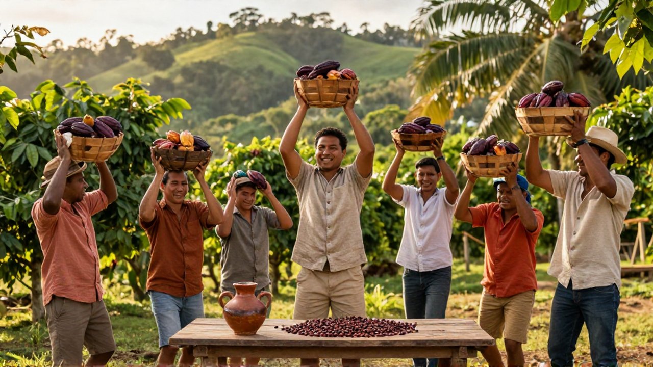 Dominican agricultural workers in linen attire joyfully raise baskets of cocoa and coffee in a sun-drenched plantation.
