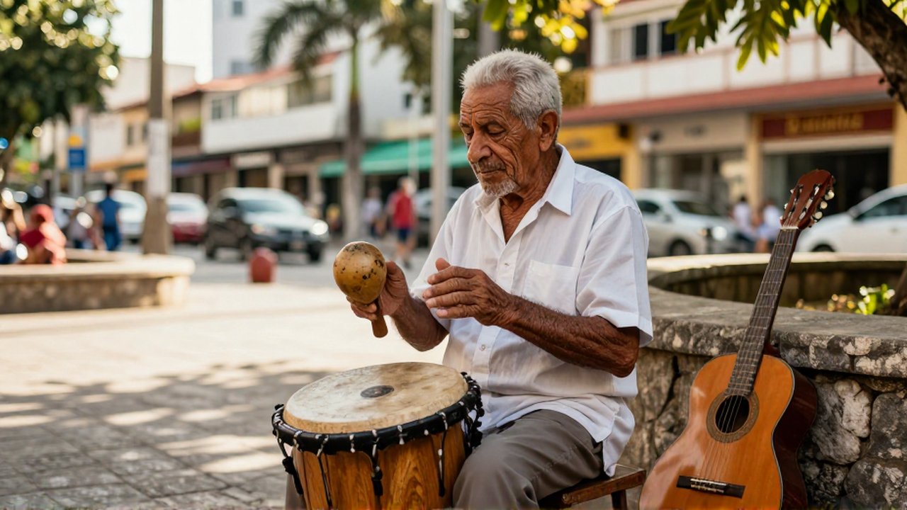 An elderly musician plays traditional percussion in a sun-drenched, bustling urban plaza.