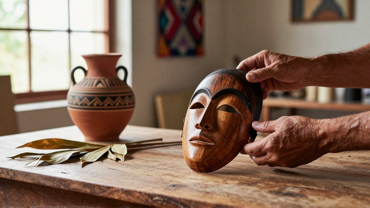 Weathered hands carefully adjust a hand-carved wooden mask on a rustic studio table.
