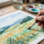 A close-up of a sable brush blending cerulean and emerald watercolor onto damp paper.