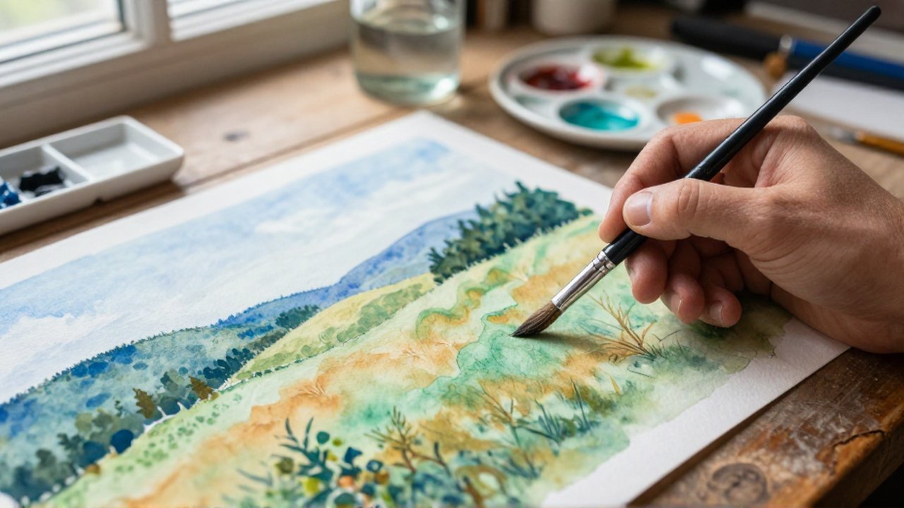 A close-up of a sable brush blending cerulean and emerald watercolor onto damp paper.