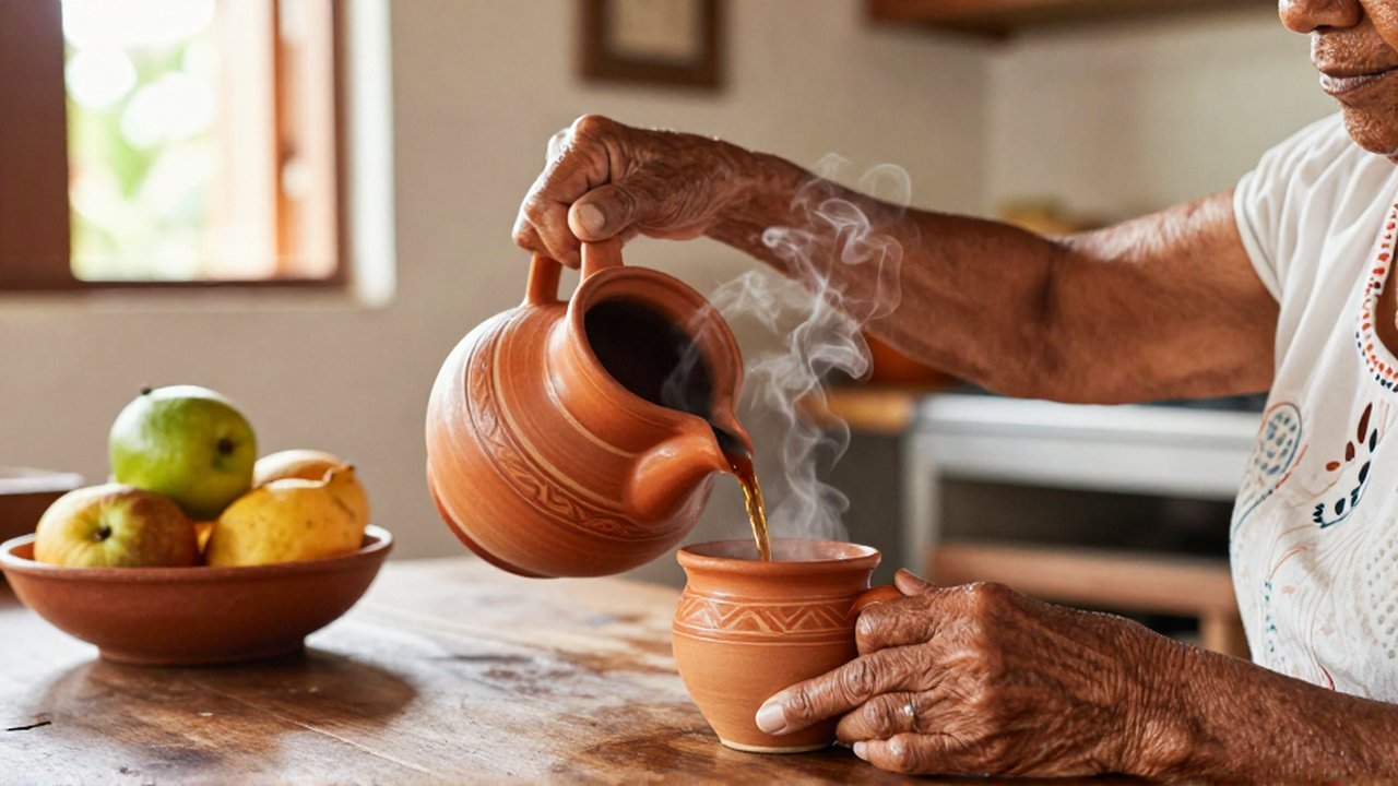 An elderly woman's weathered hands pour steaming coffee from a terracotta pitcher into a matching clay mug.