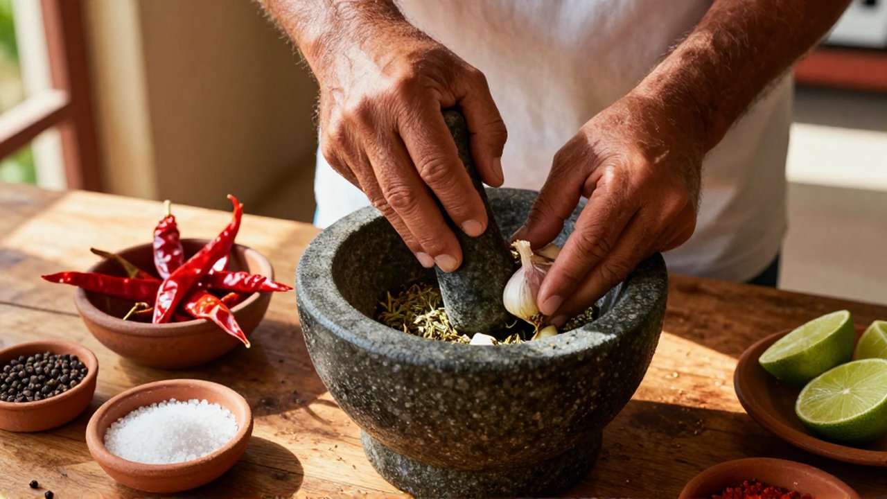 A chef's hands grind garlic and oregano in a stone mortar surrounded by colorful spices.