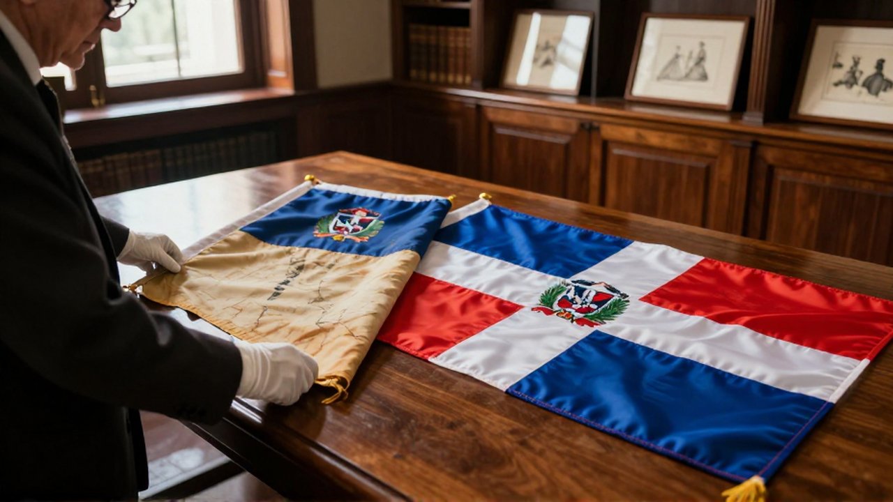 An elderly curator in white gloves compares a weathered vintage flag with a modern silk version on a wooden table.