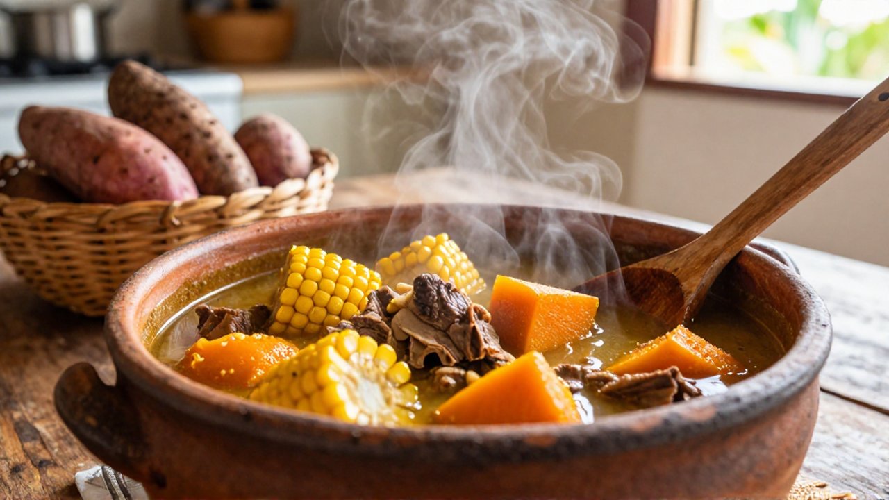 A steaming ceramic pot of meat and root vegetable stew sits on a wooden table.