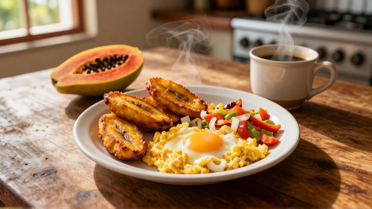 A steaming breakfast of fried plantains