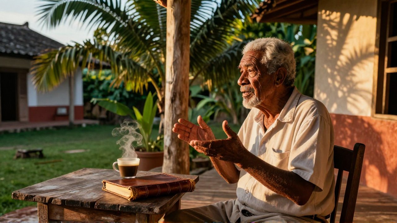 An elderly man gestures while telling a story to a young listener on a shaded porch.