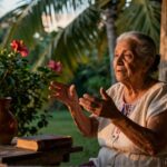 An elderly woman gestures expressively while sitting on a porch amidst a lush tropical garden at dusk.