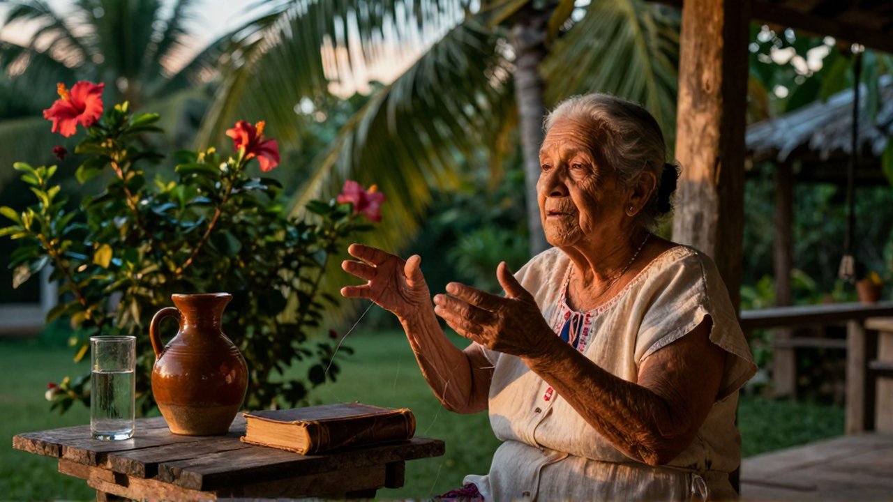 An elderly woman gestures expressively while sitting on a porch amidst a lush tropical garden at dusk.