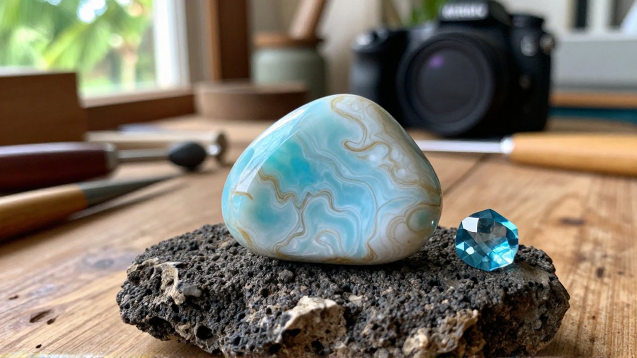 A raw, blue-patterned Larimar stone rests on volcanic rock next to a faceted blue topaz gemstone.