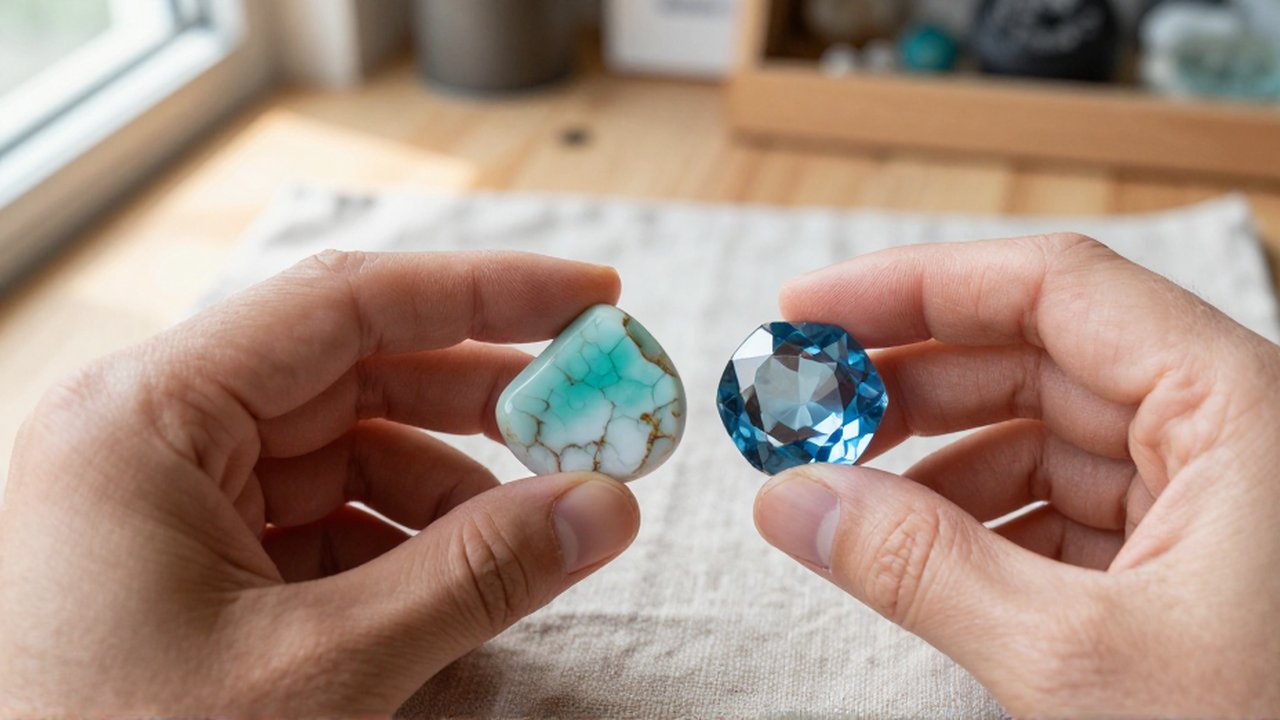 Hands compare a raw, turquoise Larimar stone with a faceted, translucent blue topaz on linen.