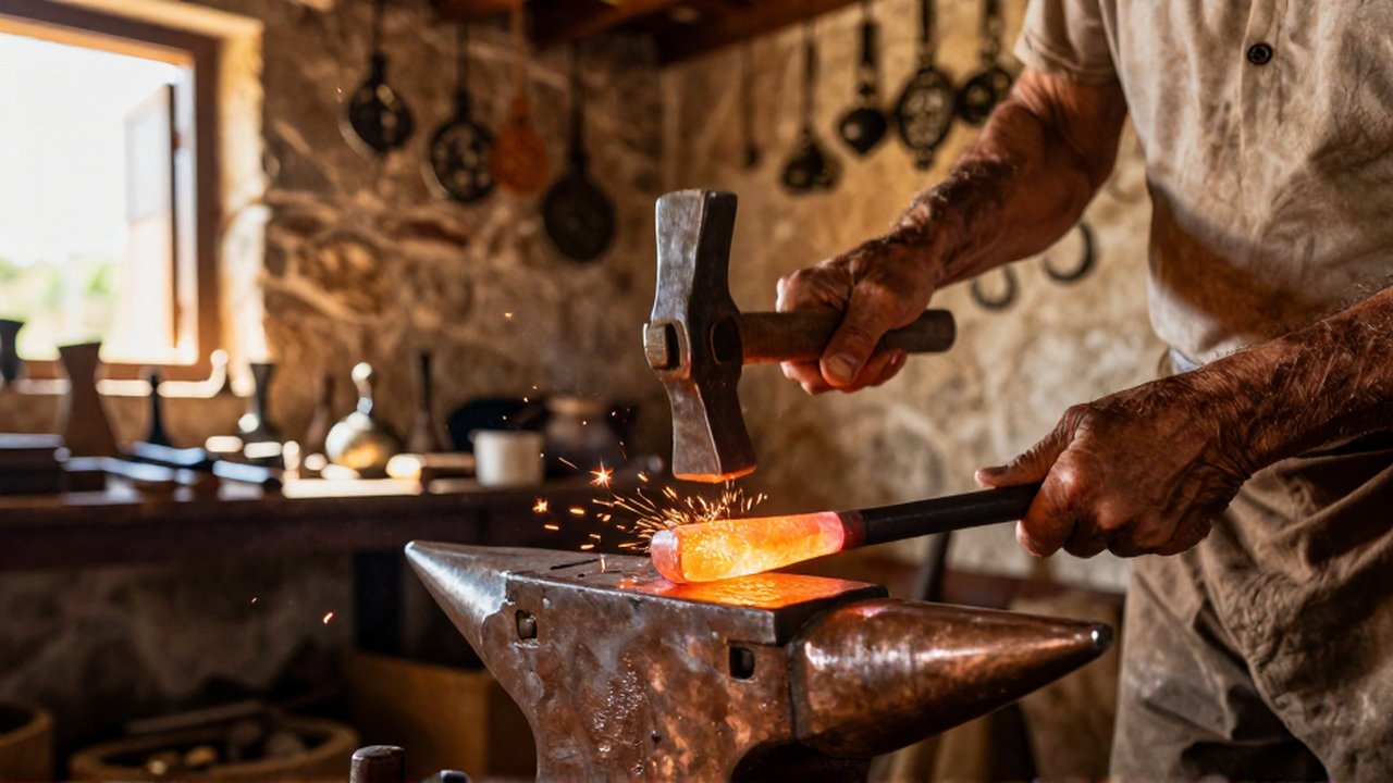 An elderly artisan hammers glowing copper on an anvil, sending sparks through a sunlit workshop.