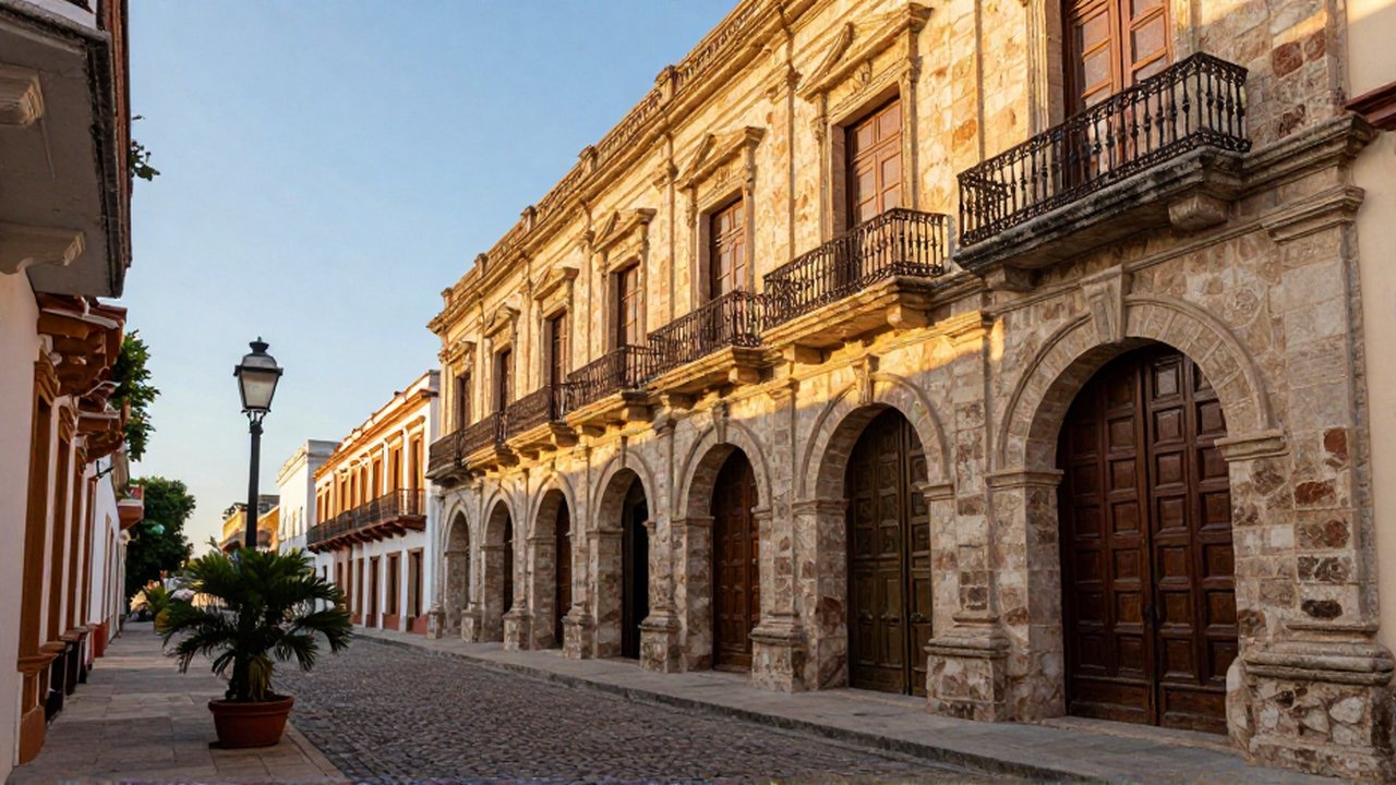A narrow cobblestone street leads toward a sun-drenched plaza framed by historic stone colonial buildings.