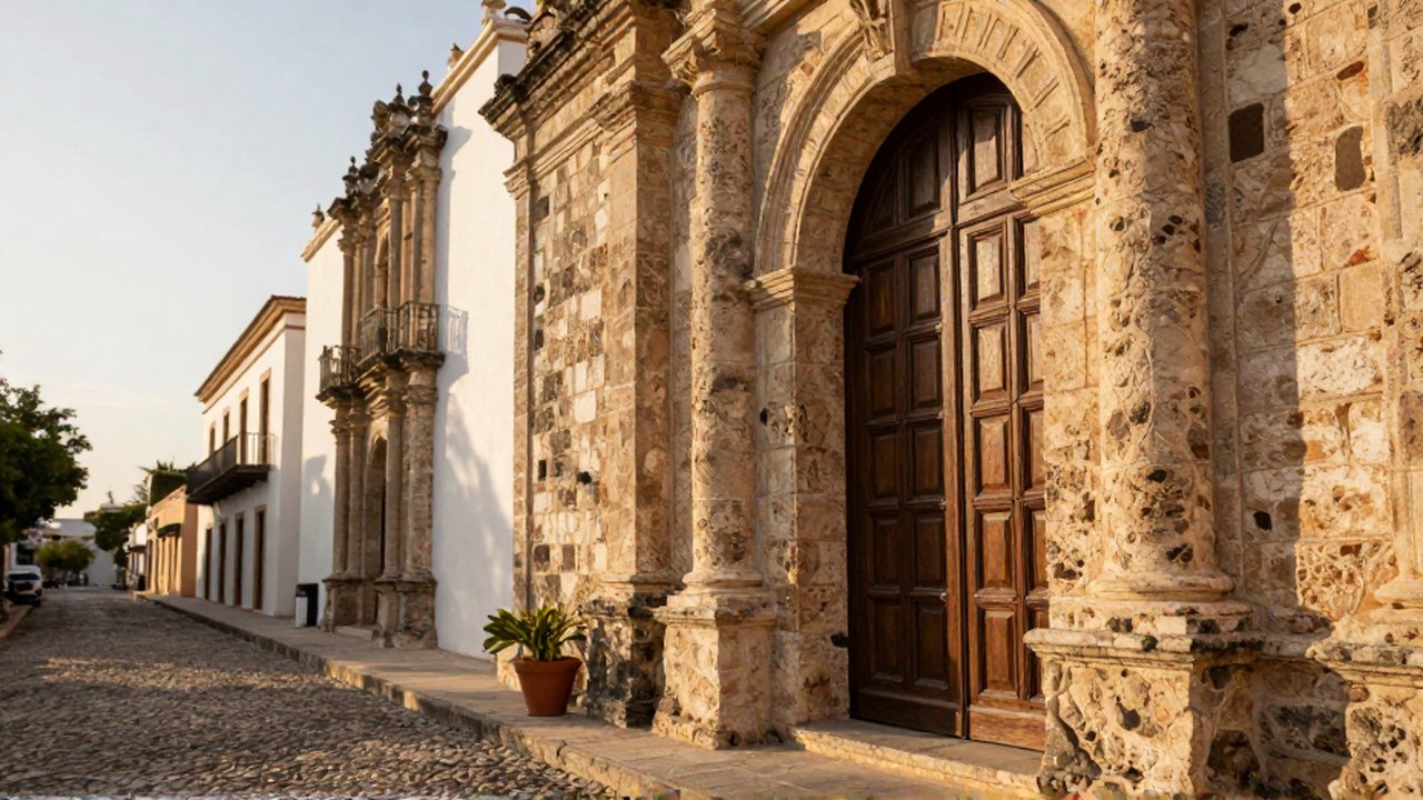 A weathered limestone archway and dark wooden door stand on a sun-drenched cobblestone street.