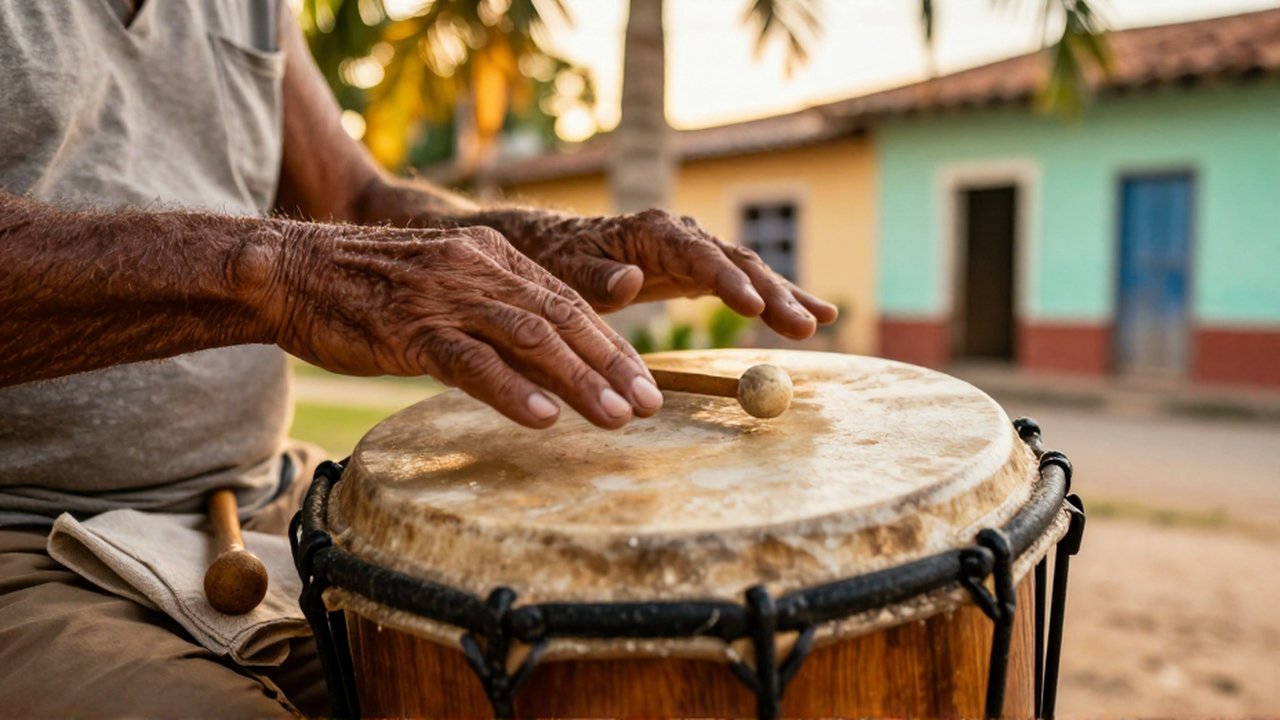 Weathered hands rhythmically strike a traditional wooden tambora drum in a sun-drenched courtyard.