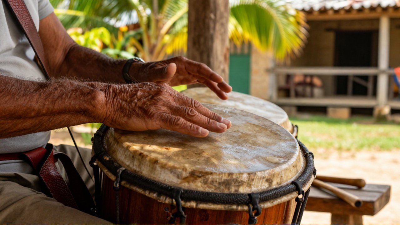 Weathered hands rhythmically play a textured wooden tambora drum in a sun-drenched tropical courtyard.