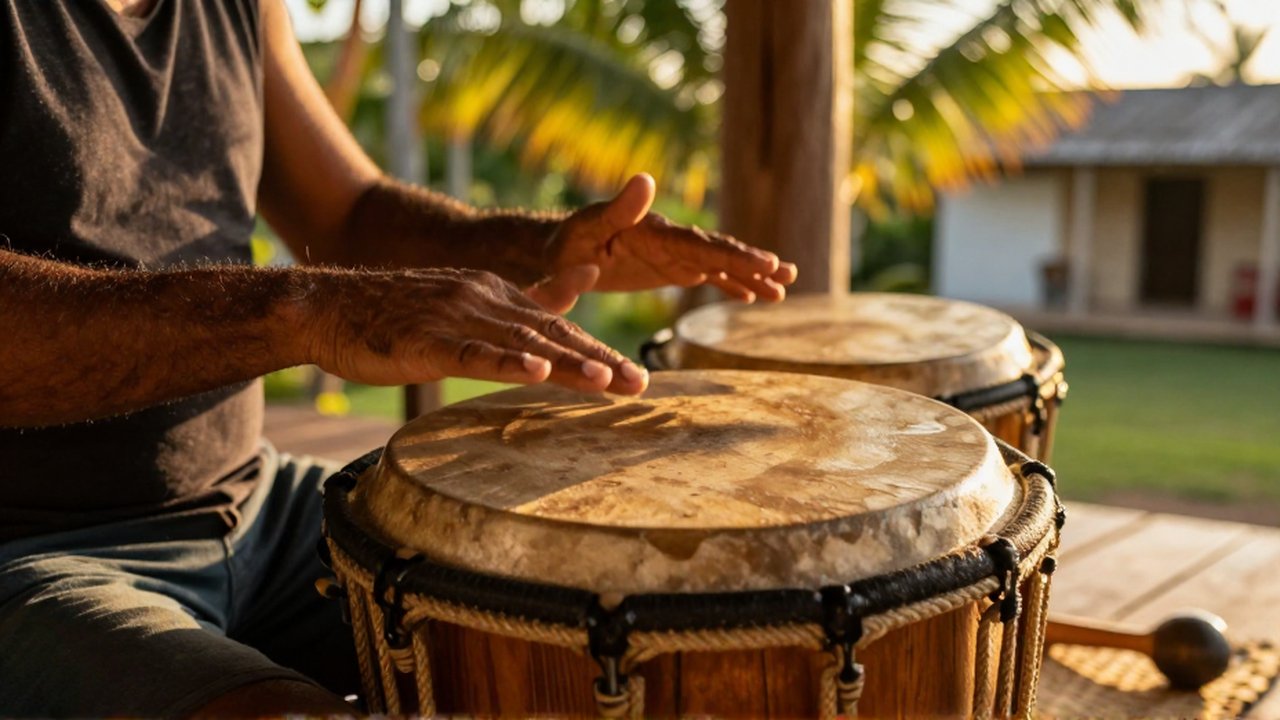 Weathered hands play a traditional Dominican tambora drum on a rustic wooden porch.