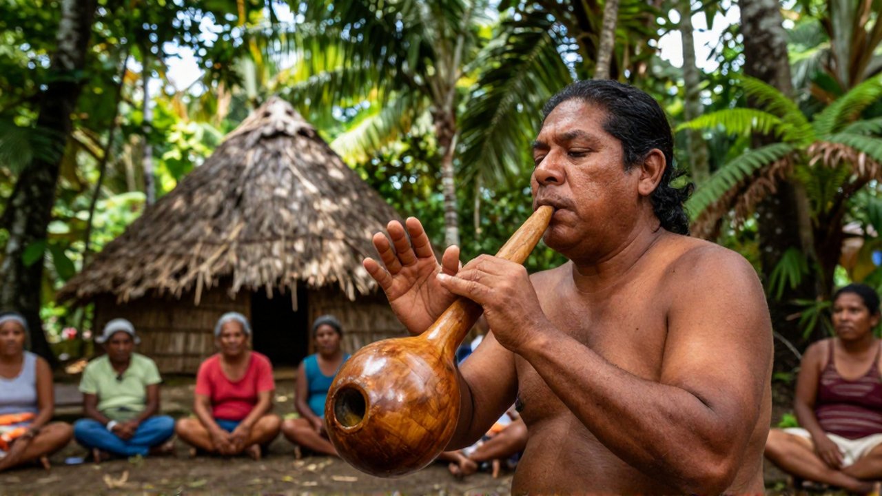 A community leader plays wooden percussion instruments during a ceremony in a lush tropical jungle.