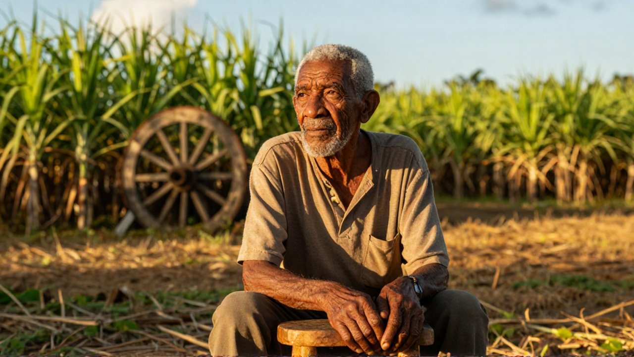An elderly man with weathered skin sits reflecting before a vast, sun-drenched sugar cane plantation.