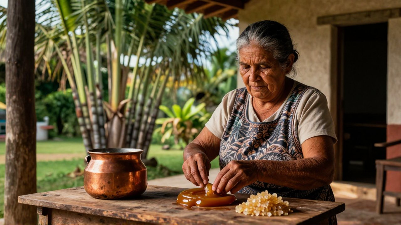 An elderly woman prepares sweets in a copper pot within a sun-drenched colonial courtyard.