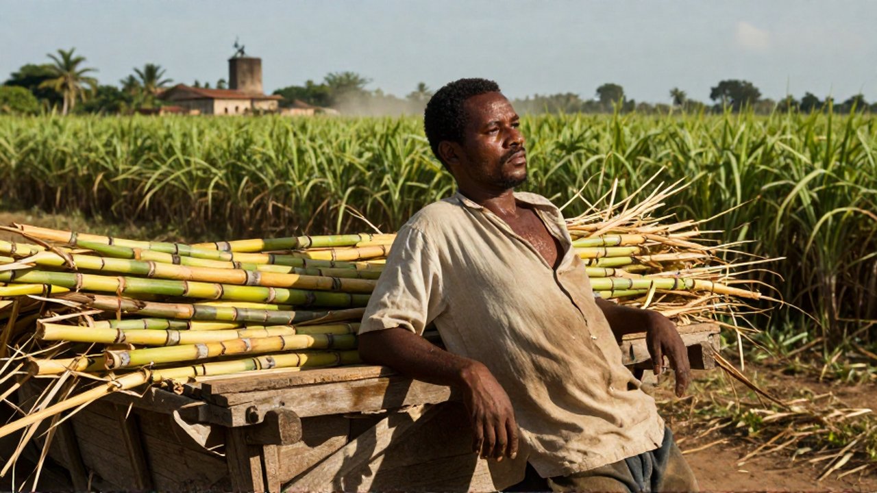 A weary laborer in sweat-dampened linen rests against a cart of sugar cane in an expansive plantation.