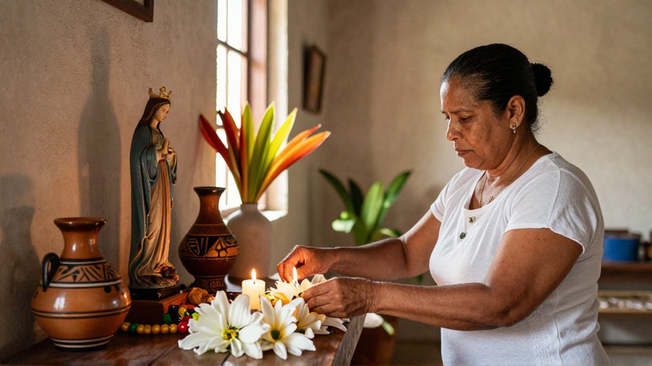 A middle-aged woman carefully arranges white flowers and lit candles on a rustic wooden altar.