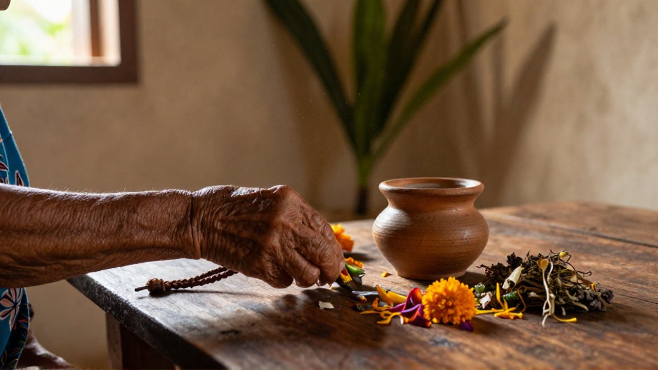 An elderly woman's weathered hands carefully arrange ritual objects and dried herbs on a wooden table.