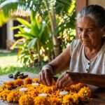 An elderly woman arranges yellow marigold petals and white candles on a wooden table outdoors.