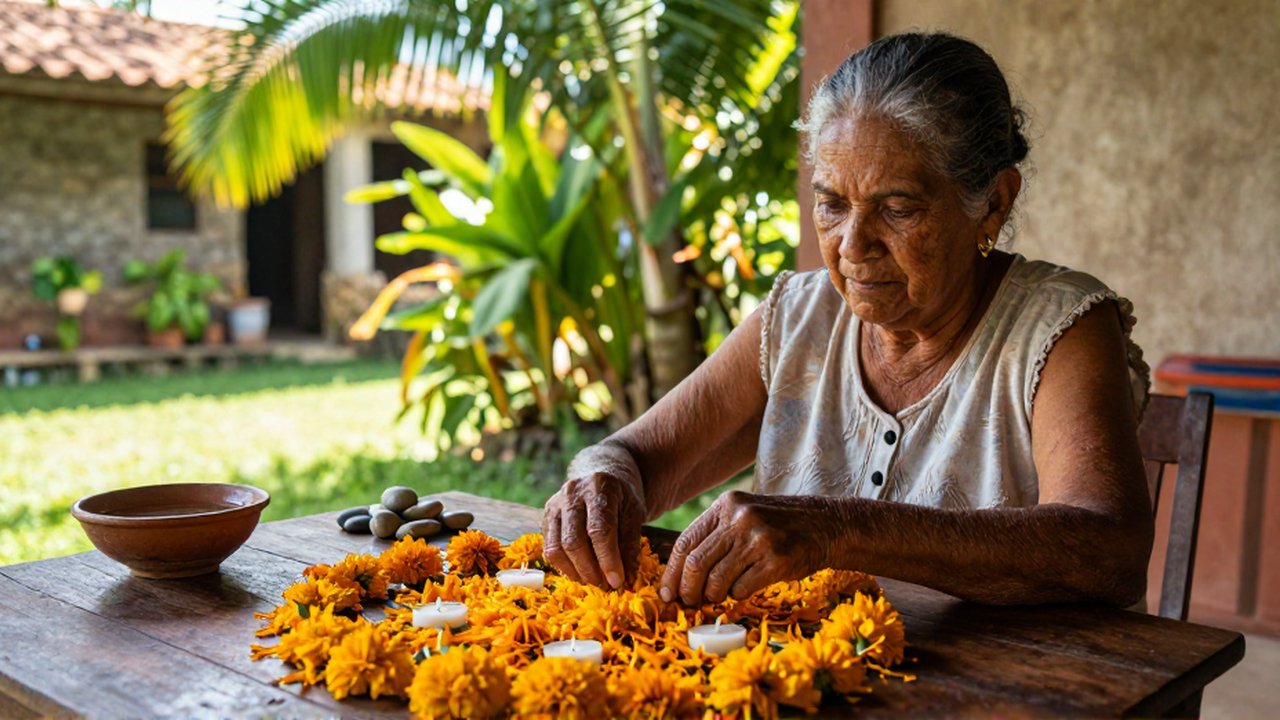 An elderly woman arranges yellow marigold petals and white candles on a wooden table outdoors.