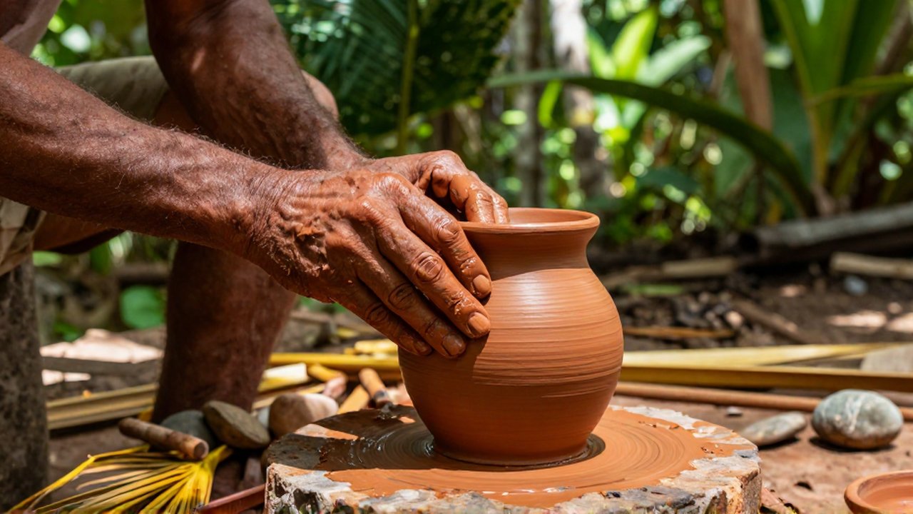 Weathered hands carefully shape a clay vessel using the coil method in a sunlit tropical clearing.
