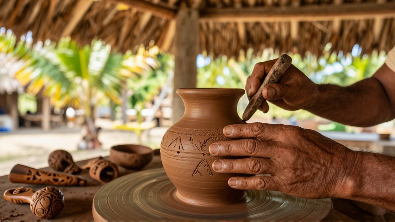 Hands use stone tools to etch intricate patterns into a wet terracotta vessel inside a sunlit hut.