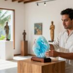 A curator in a linen shirt places a blue Larimar sculpture on a wooden pedestal in a bright art gallery.