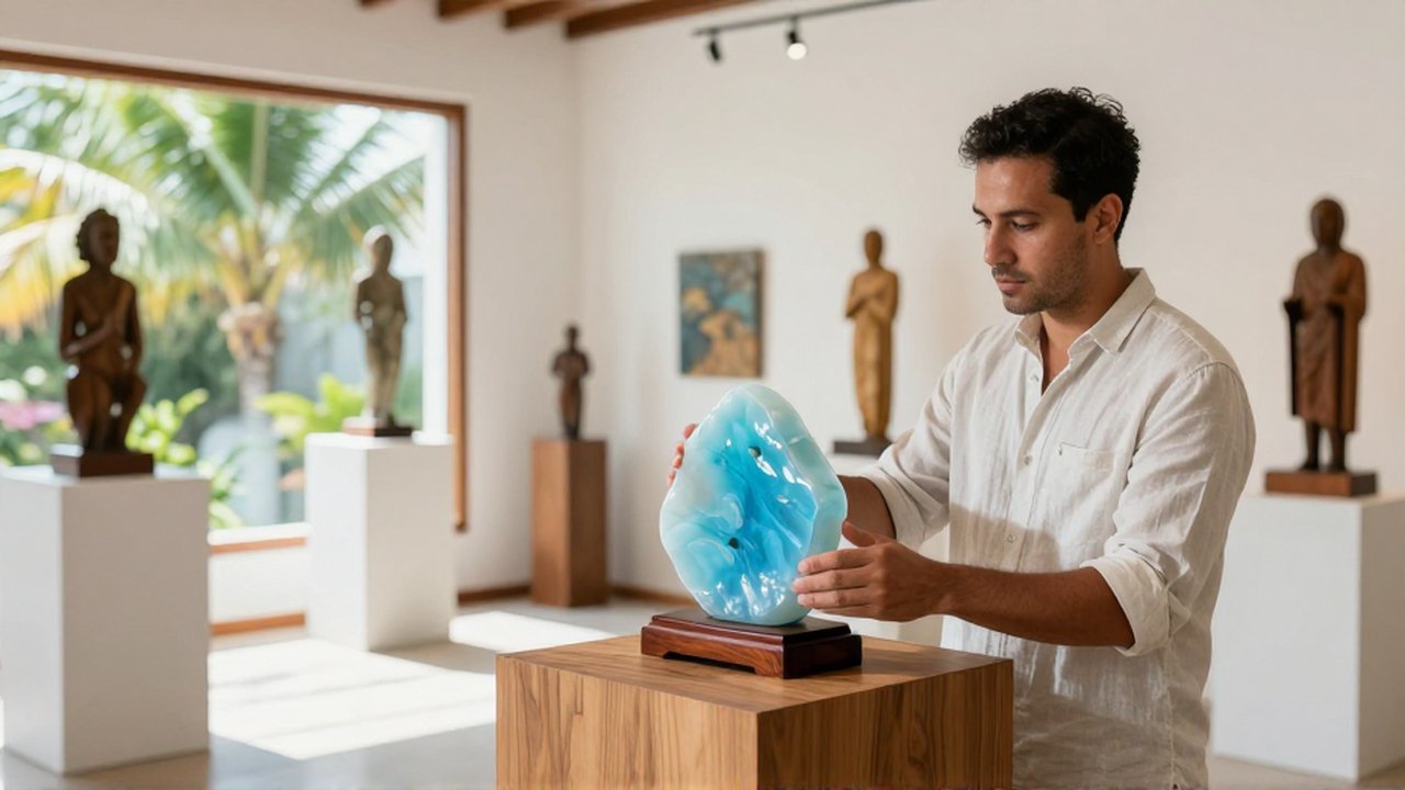 A curator in a linen shirt places a blue Larimar sculpture on a wooden pedestal in a bright art gallery.