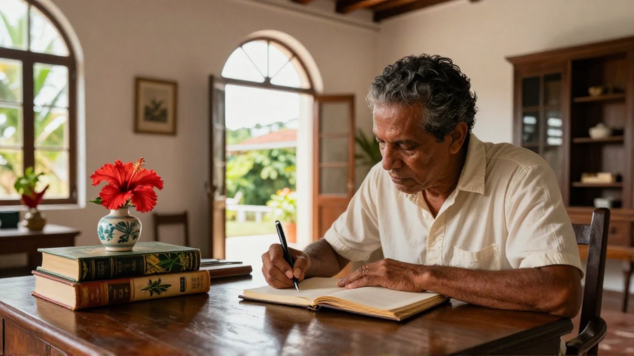 A writer sits at a dark wood desk in a sunlit colonial study, writing in a notebook.