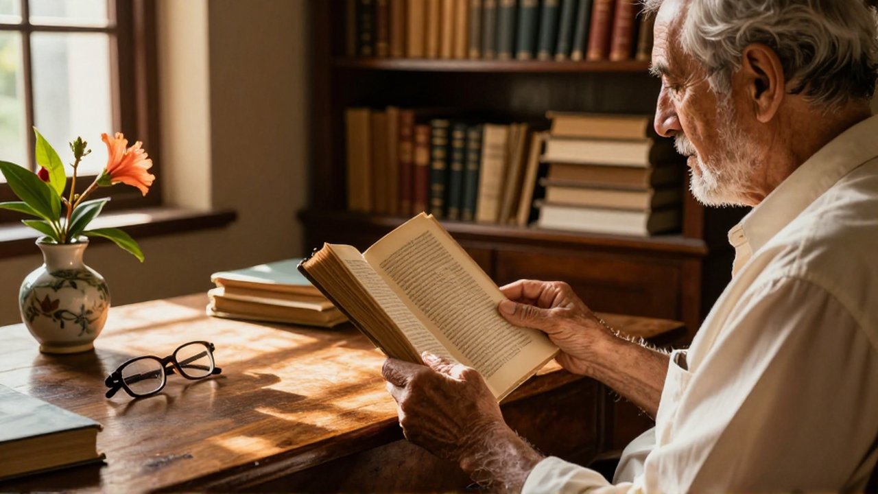 An elderly scholar reads a vintage book in a sunlit, mahogany-filled study.